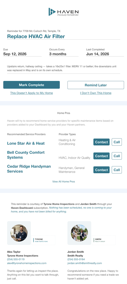 Haven maintenance reminder email, co-branded