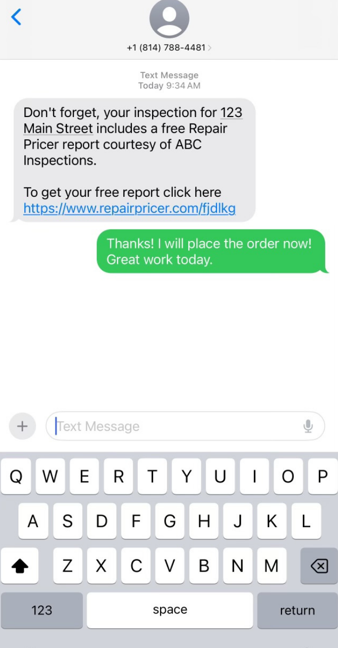 Agent text with free Repair Pricer report link